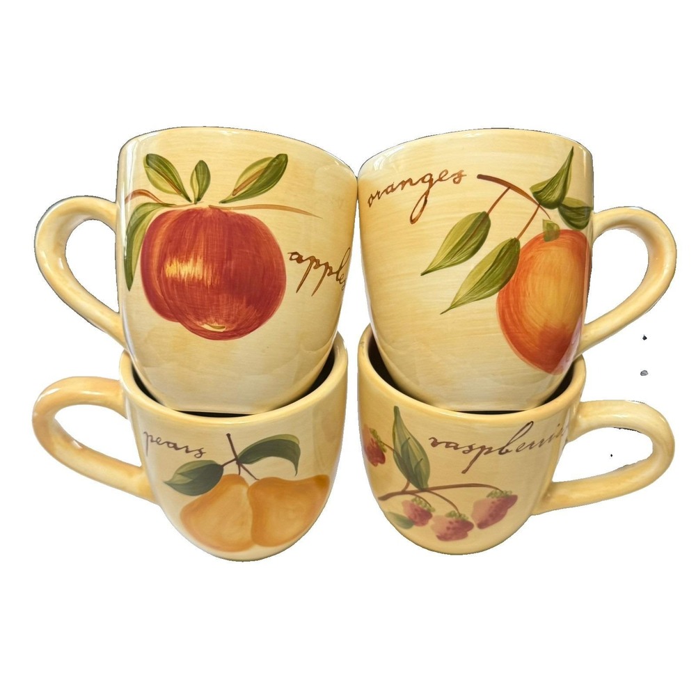 Pier 1 Provence Fruit Mugs Set of 4 Hand Painted Earthenware Apple Pear Berry